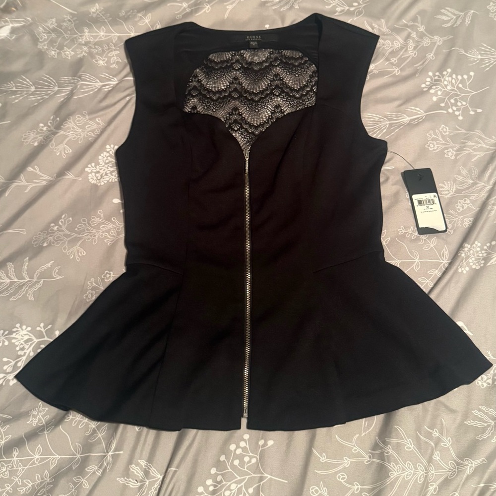 GUESS NEW WITH TAGS Black Peplum Top with Lace Back